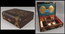 19thC Antique Victorian Gambling Chest Box Card Game Boards Cribbage Chips Dice+