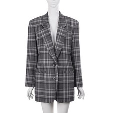 VINTAGE Liz Claiborne Blazer 8 Gray Plaid 100 Wool 2-Button Longline 80s 90s