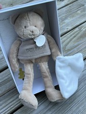 Doudou et Compagnie Beige Teddy Bear Embroidered Shirt Holding Blanket Lovey New