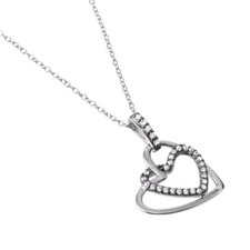 Sterling Silver Necklace w/ CZ Stones Dual Open Hearts Pendant