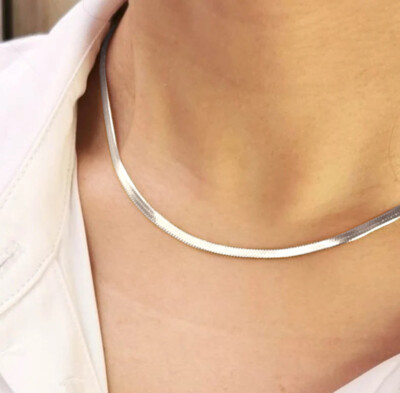 Collier chaîne maille plate,serpent femme acier inoxydable argent