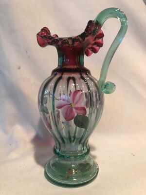 Fenton Art Glass 1995 Rubena Verde hand painted Pitcher