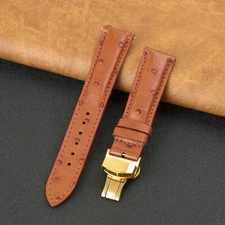 18mm Brown Real Ostrich Leather Watch Strap Gold Deployment Buckle Quick Release