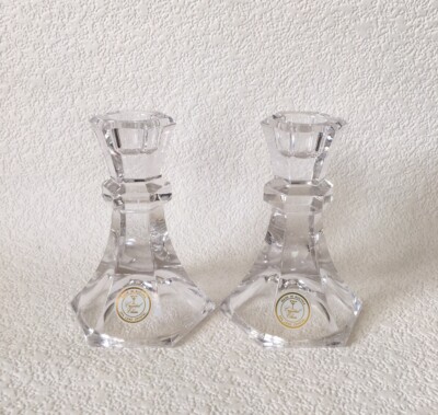 2 Vintage 24% Lead Crystal Glass Candlesticks 4.75  Pair Made in Austria Hexagon