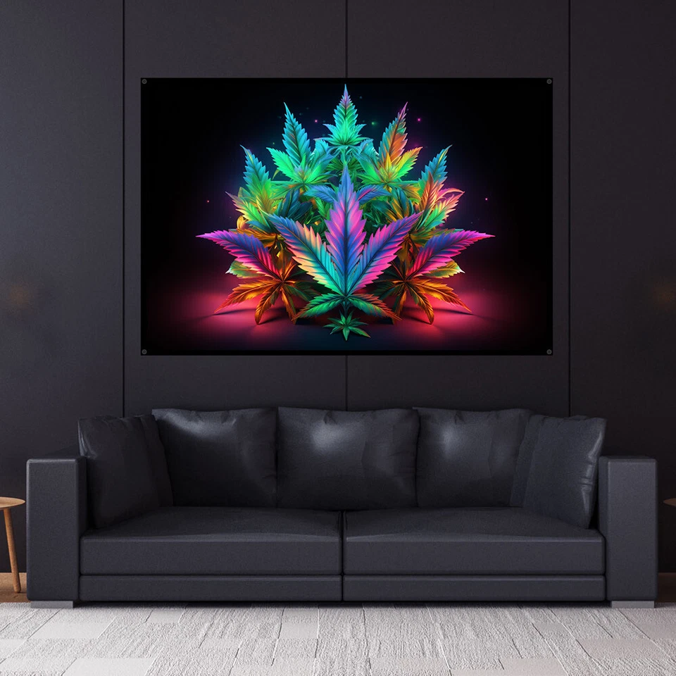 Tapiz UV Hoja Cannabis, Reactivo a Luz Negra, Colgante de Pared Psicodélico, DMT Foto 2 de 4