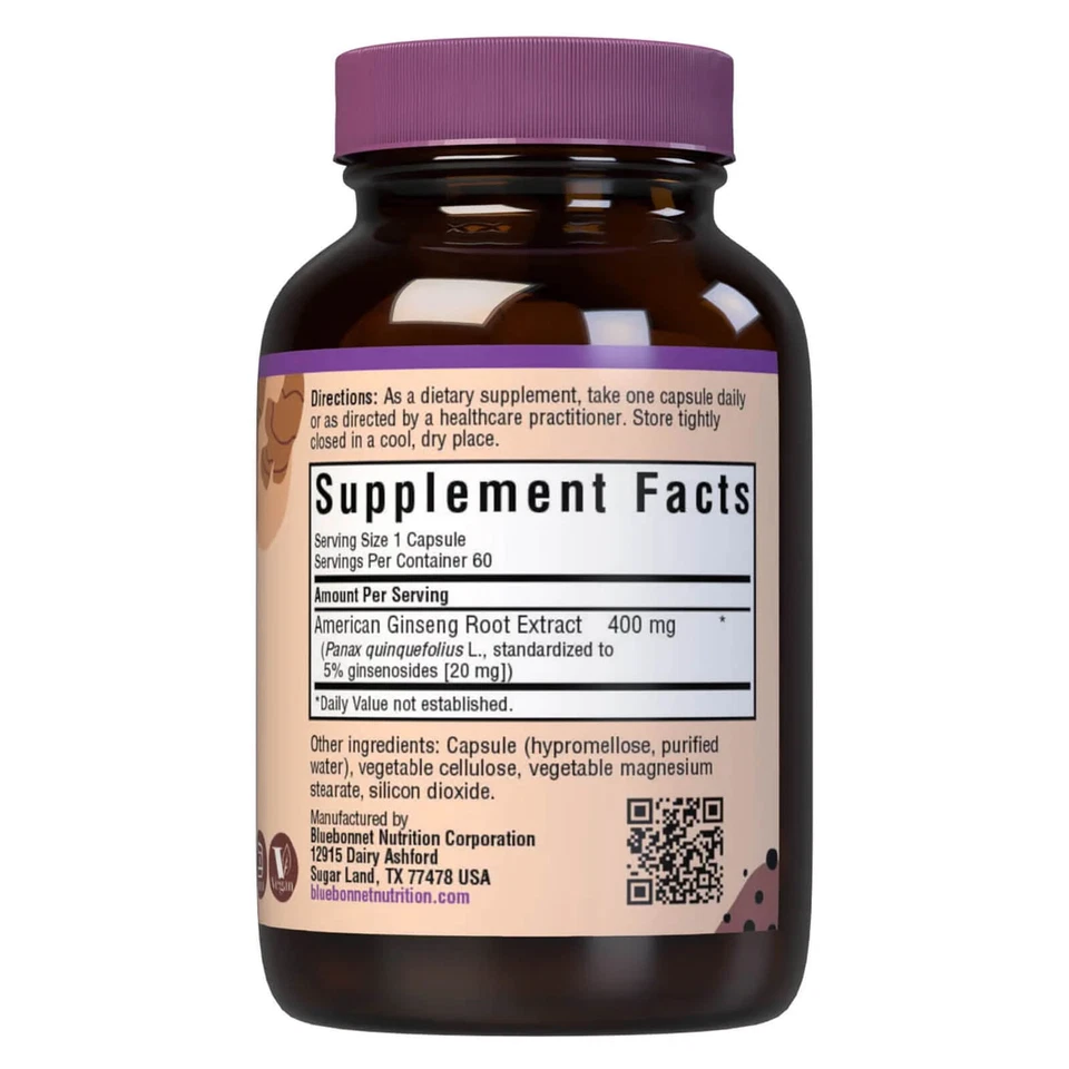 Extracto de raíz de ginseng americano Bluebonnet 60 cápsulas vegetales, salud inmunológica Foto 2 de 4