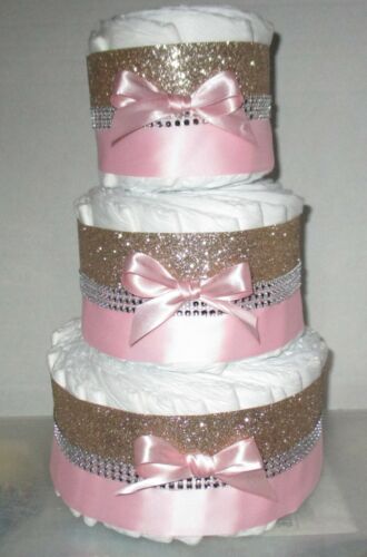 3 Tier Gold & Pink Diaper Cake Centerpiece Baby Shower Gift  - Picture 1 of 2
