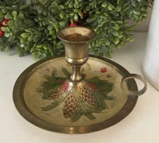 Enamel on Brass Pinecones India Candle Holder Boho Vintage Christmas
