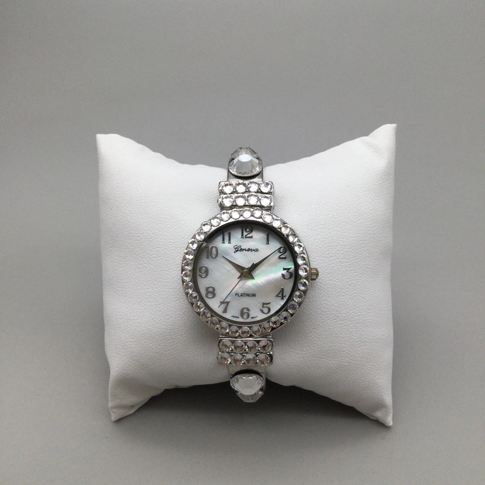 Geneva Watch Women Platinum Silver Tone MOP Dial Hinged Open Cuff New Battery - Image 2 of 4
