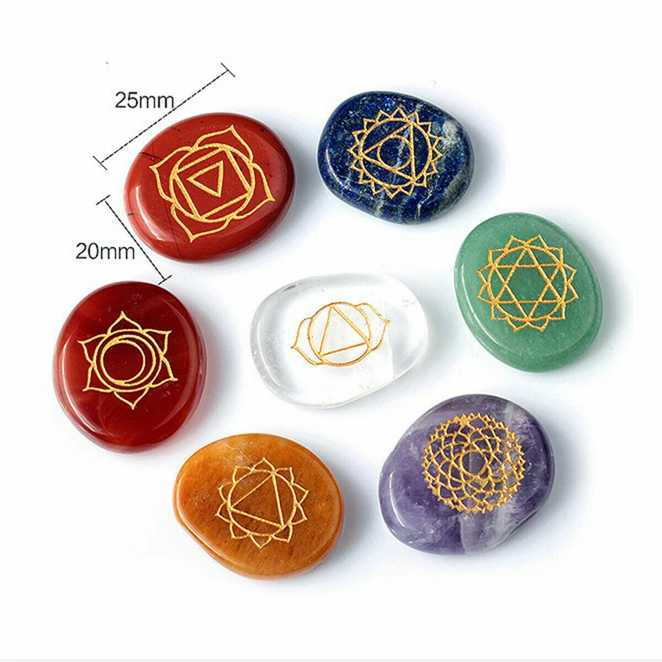 7x Chakra Steine Reiki Heilung Yoga Energie Heilstein Edelstein mit Symbolen Set - Bild 3 von 4