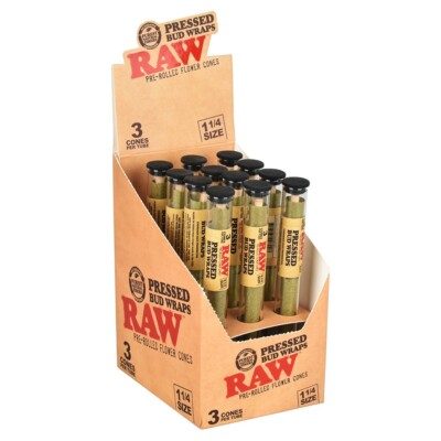 RAW Pressed Bud Wraps 1 1/4 Cones   Full Display Box (36 Pre-Rolled Cones)