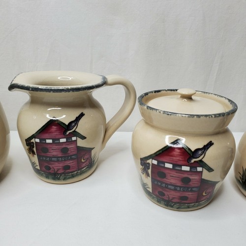 Vtg Birdhouse Stoneware Canister Set Birds Set 4 Canisters Sponge Paint Trim USA - Picture 12 of 12