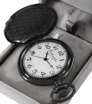 Eichmüller Taschenuhr Schwarz 45 mm Savonnette Quarz mit Kette und Box 3 Zeiger