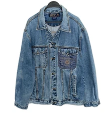 Vintage 90s Y2K PACO Denim Jean Jacket Trucker Embroidered Patch Blue Logo