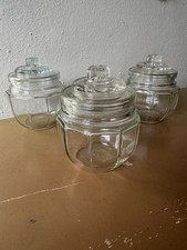 3 Vtg Hazel Atlas Clear Glass Jars and Knob Lids Paneled  3&rdquo; Apothecary Dresser