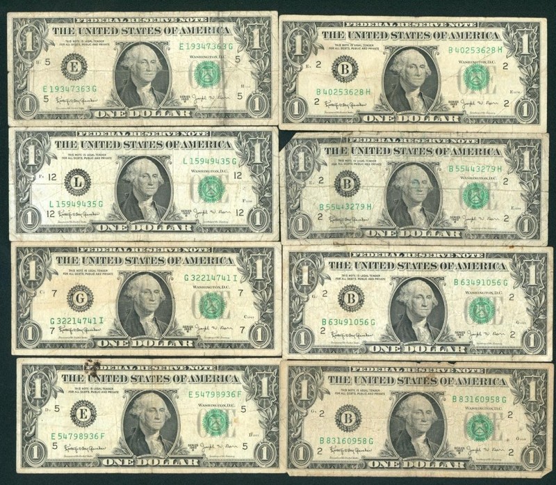 ((8 NOTES)) $1 1963 ((JOSEPH BARR )) Federal Reserve Note ** CURRENCY (TAPE)