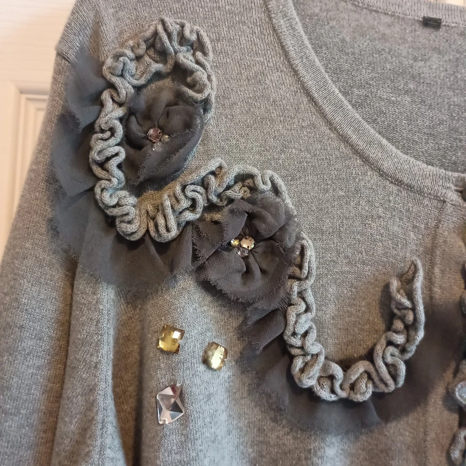 Daisy Fuentes Cotton Cardigan Floral Applique Ruffles 1950s Vibes, Retro 3X - Image 3 of 4