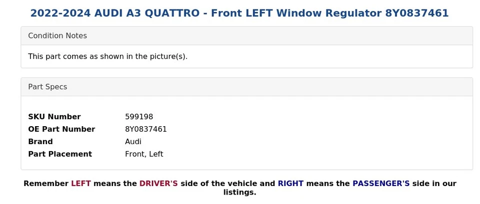2022-2024 AUDI A3 QUATTRO - Front LEFT Window Regulator 8Y0837461 - Image 4 of 4