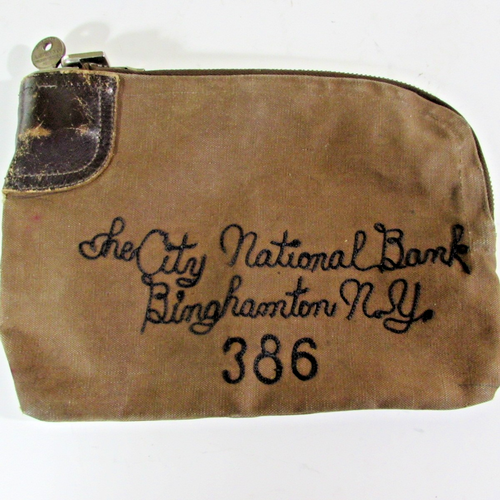EARLY VINTAGE CANVAS BANK BAG W/ LOCK AND KEY.