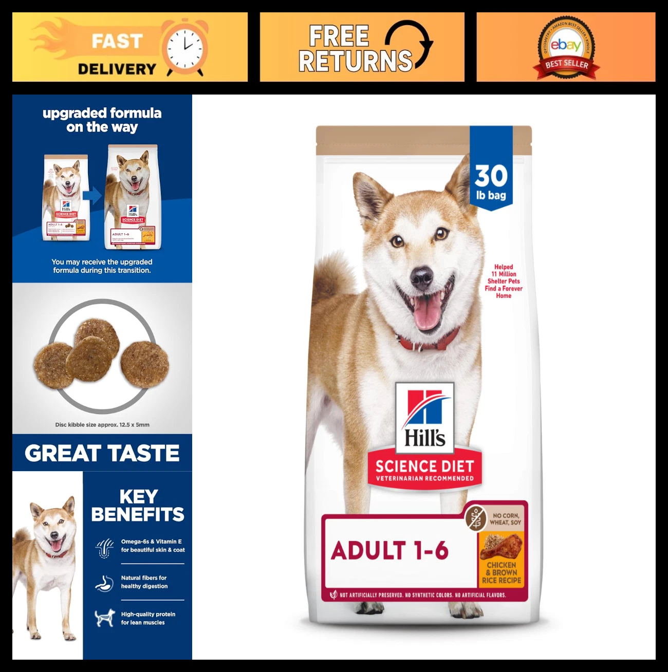 Premium Dry Dog Food for Adults 1-6 Years, Chicken & Brown Rice, 30 lb Bag