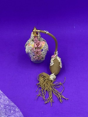 Scent Perfume Bottle Atomizer Lace Pink Silk Flowers Rhinestones Empty