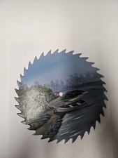 Hand Painted 8" Circular Saw Blade Wall Art   Row Boat Docked On Lake Shore