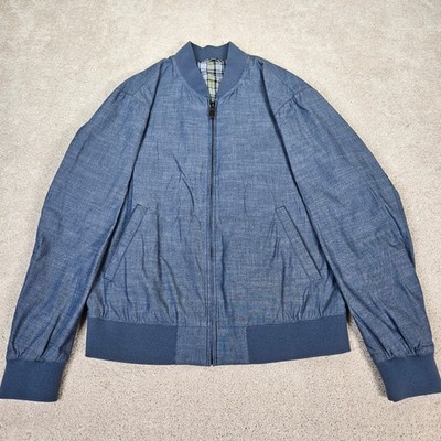UNIQLO Men's Blue Chambray Bomber Jacket Plaid Lined Size L Minimalist Normcore