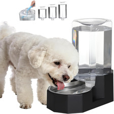 Dog Water Bowl Dispenser: 7L Large Black Gravity Stainless Steel Bowl w/ Brush