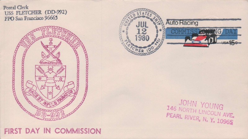 USS Fletcher DD 992 Commissioning Day cover ships T-F fancy pmk. 1980
