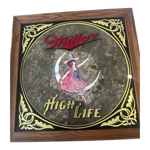 Vintage 1984 Miller High Life Girl on the Moon Mirror 14x14 Framed Bar Sign Gold