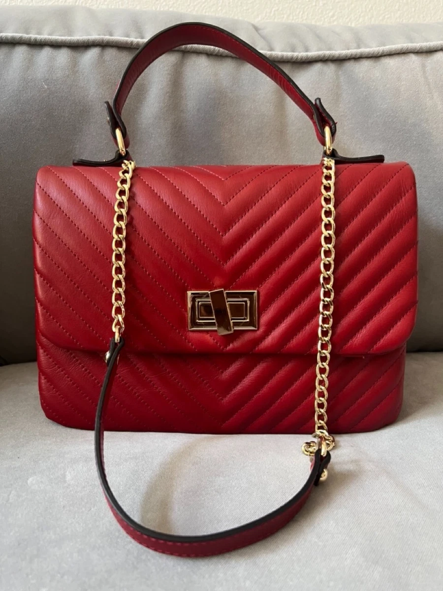 SARA BURGLAR Purse Red Quilted Genuine Leather Shoulder Top Handle Bag-Italy