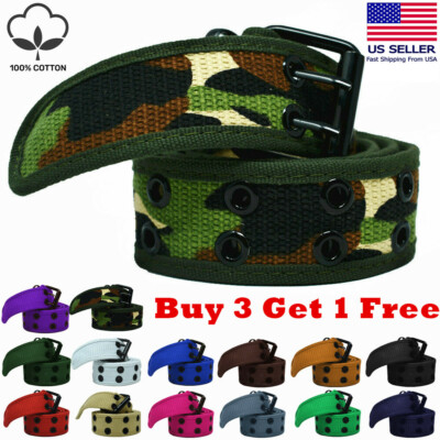 Unisex 100% Cotton Canvas Belt Double Grommet Hole Web Belts - Main Image