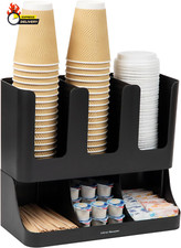 6 Compartment Upright Breakroom Coffee Condiment and Cup Storage Organizer, Blac