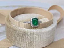 Clear Green Emerald Cut Emerald With Halo Style White Cubic Zirconia Bridal Ring