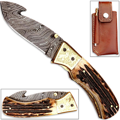 Forged Damascus Folding Knife Guthook Deer Stag Handle Engraved Brass Bolstering