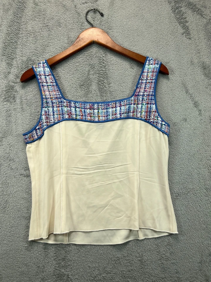 Blusa sin mangas Doncaster cami de seda para mujer 8 azul marfil con ribete de tweed para dama Foto 4 de 4