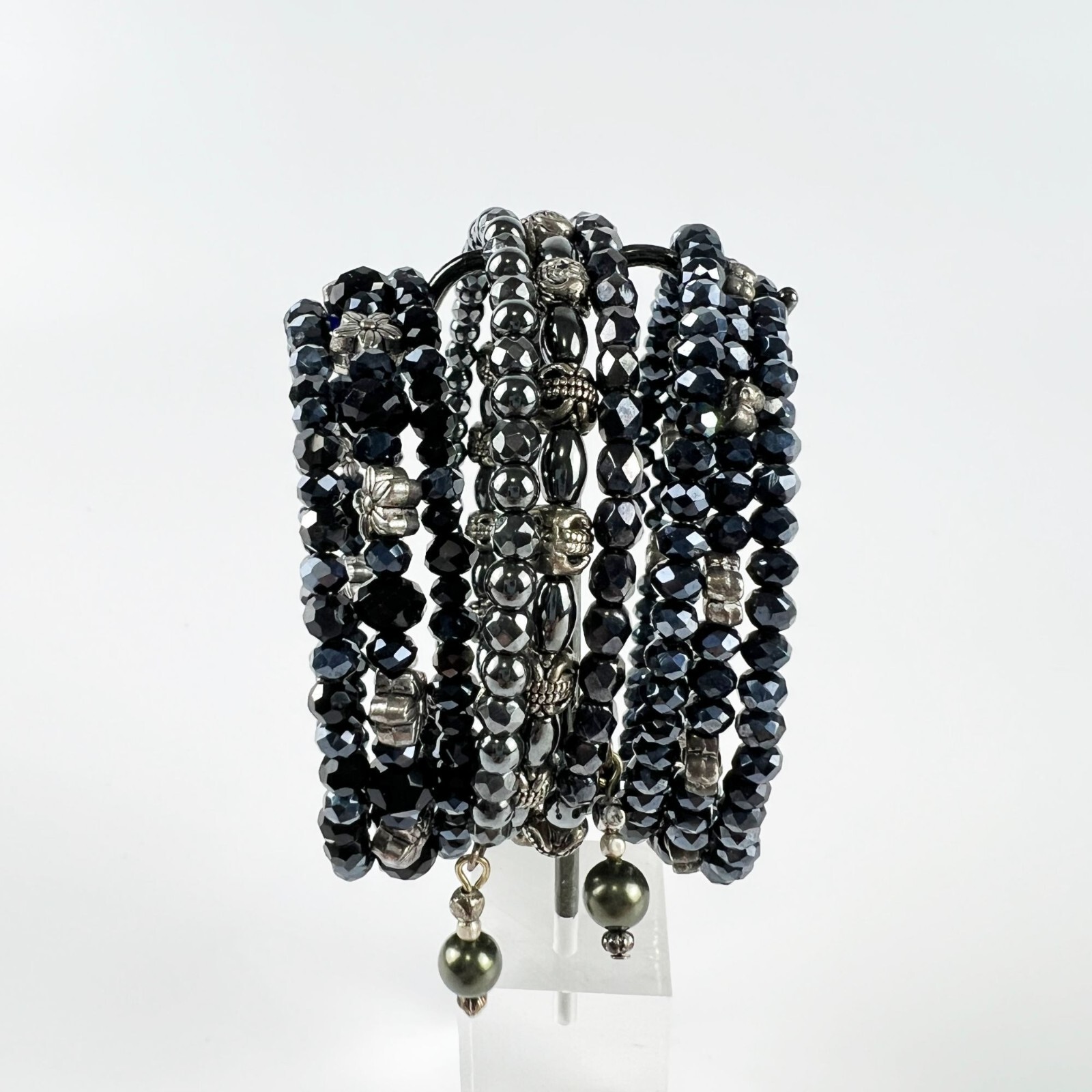 Beaded Black Silver Memory Wire Bangle Bracelets … - image 2