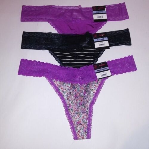 Set of 3 No Boundaries Panty XXL 2X 19 Thong Purple Black Stripe Solid Floral La - Picture 1 of 8
