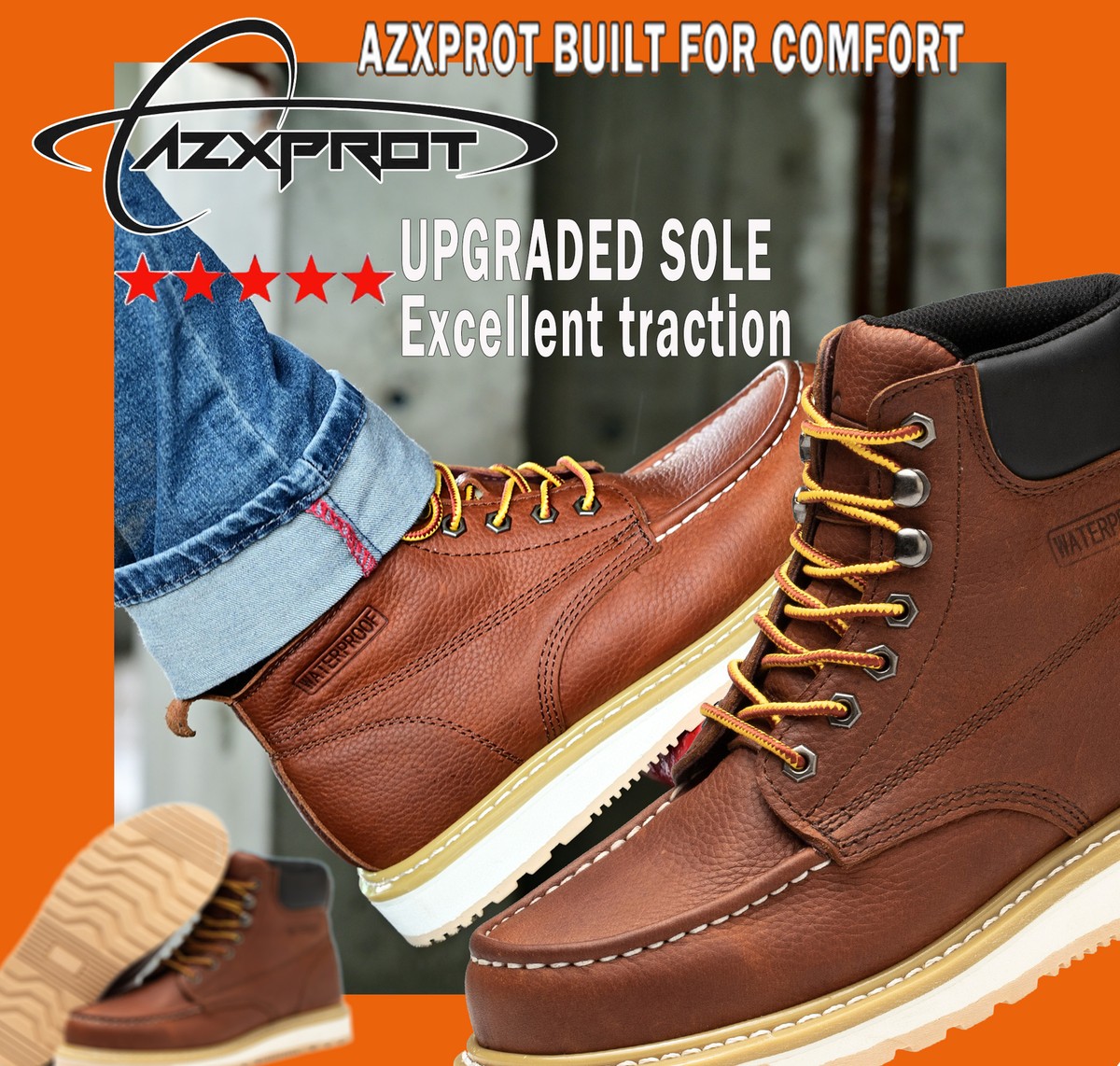 Azxprot Work Boot Men Bull leather Moc Toe Waterproof Oil & Slip Resistant Sz 7 Work Boot NON-SLIP NEW Men Bull Run Moc Toe 6 main image 3