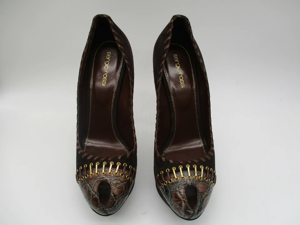 SERGIO ROSSI marrón gamuza Scarpe Donna tacón romo plataforma peep toe bomba talla 39 Foto 3 de 4