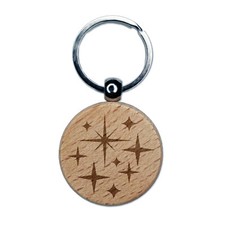 Retro Vintage Four Pointed Stars Engraved Wood Round Keychain Tag Charm