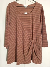 CJ Banks-NWT-Brown Black Striped 3/4 Sleeve Round Neck Cinch Front Knit Top-XL