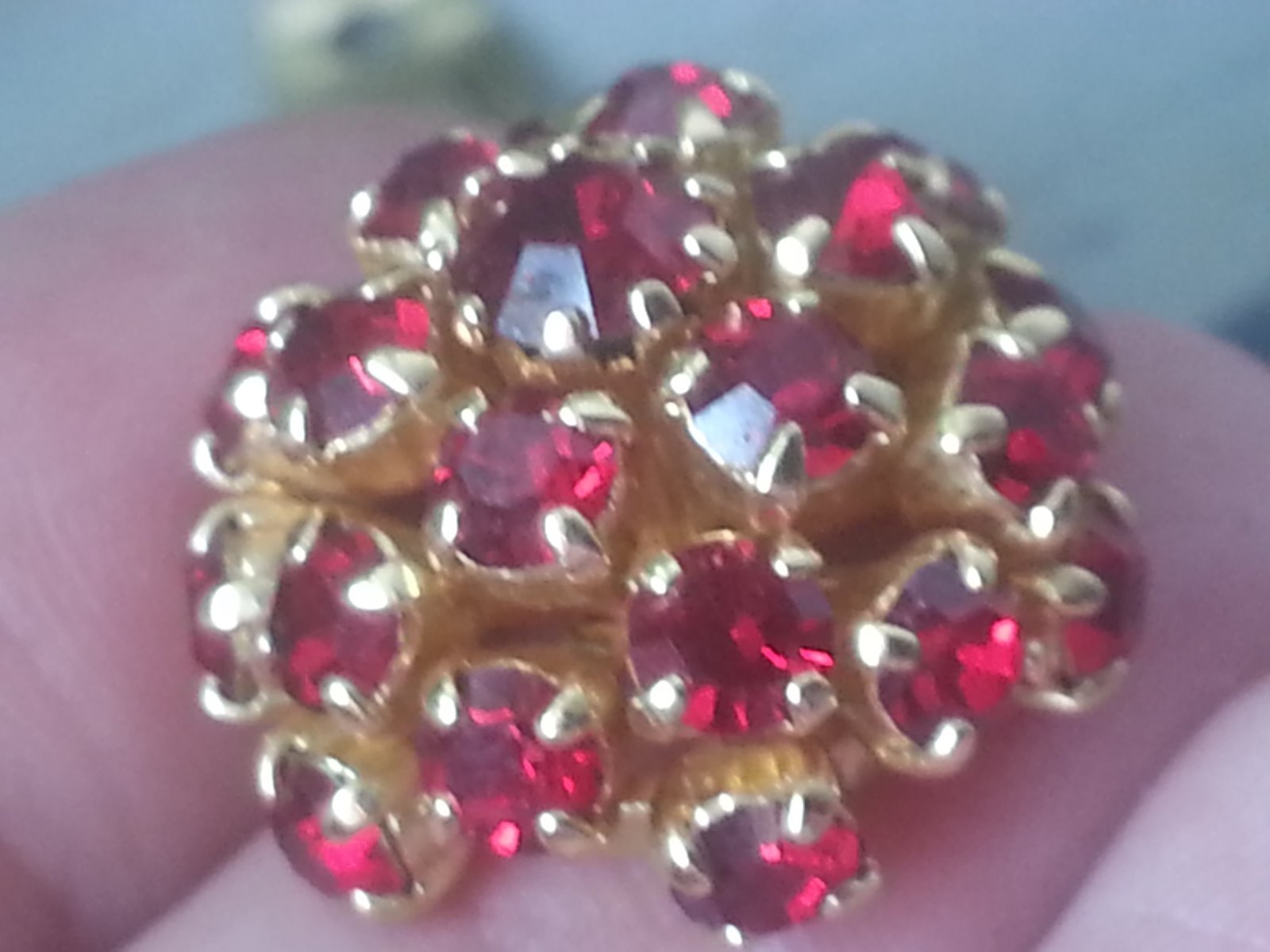 1960's Ruby Red Rhinestone Cluster Dome Style Gol… - image 7
