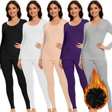 Women Thermal Underwear Set Long Johns Scoop Neck Base Layer Top + Bottom Set