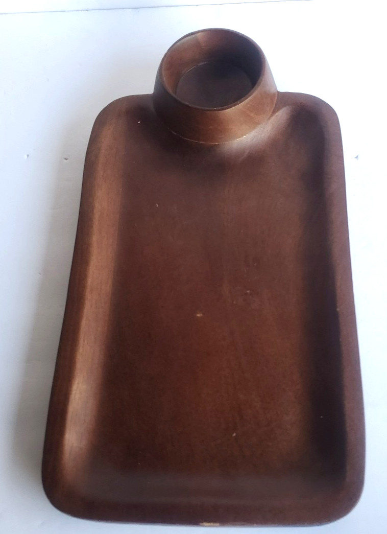 Rectangular wood serving tray with a built-in round cup holder at one end