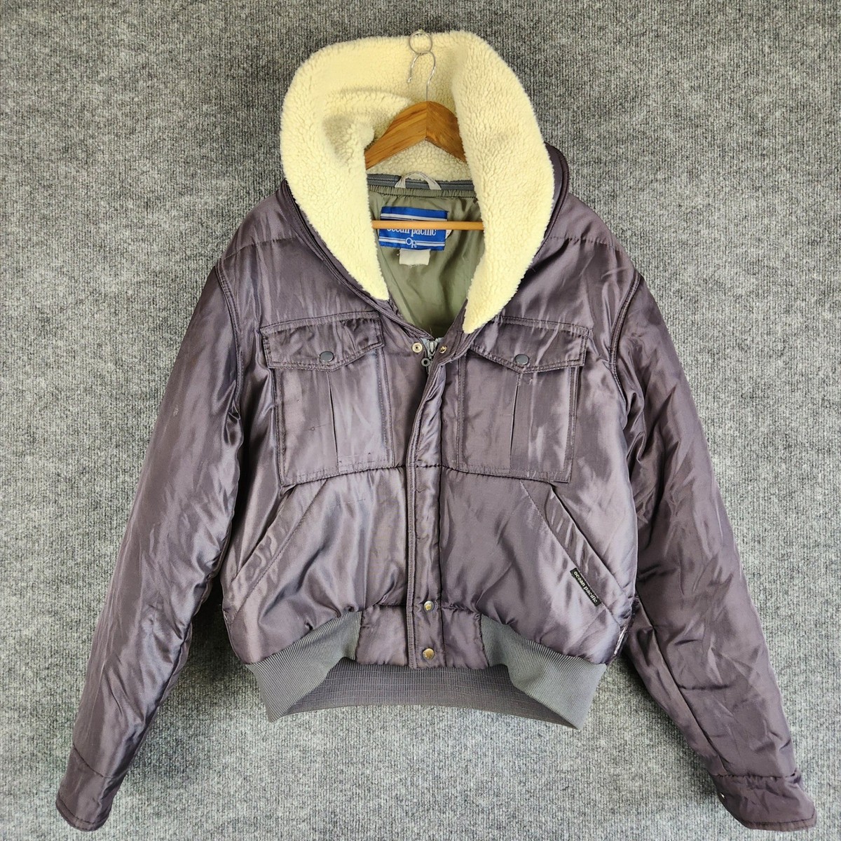 Vintage Ocean Pacific OP Puffer Jacket Mens Large Gray Sherpa 
