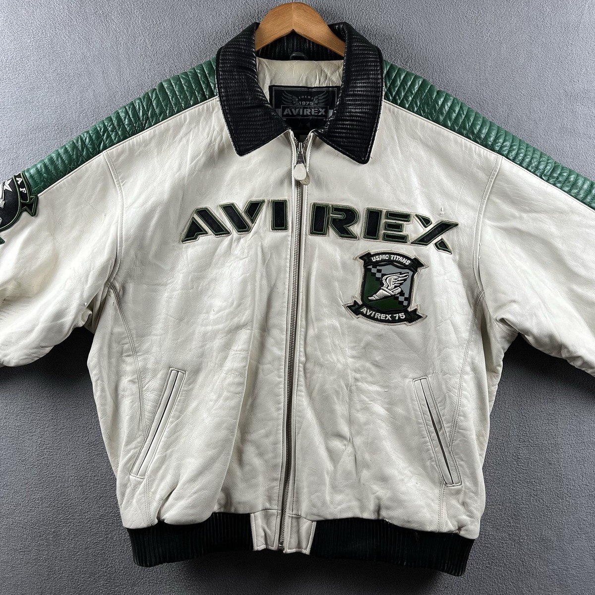 Vintage Avirex Leather Jacket Mens 3XL White Green Varsity