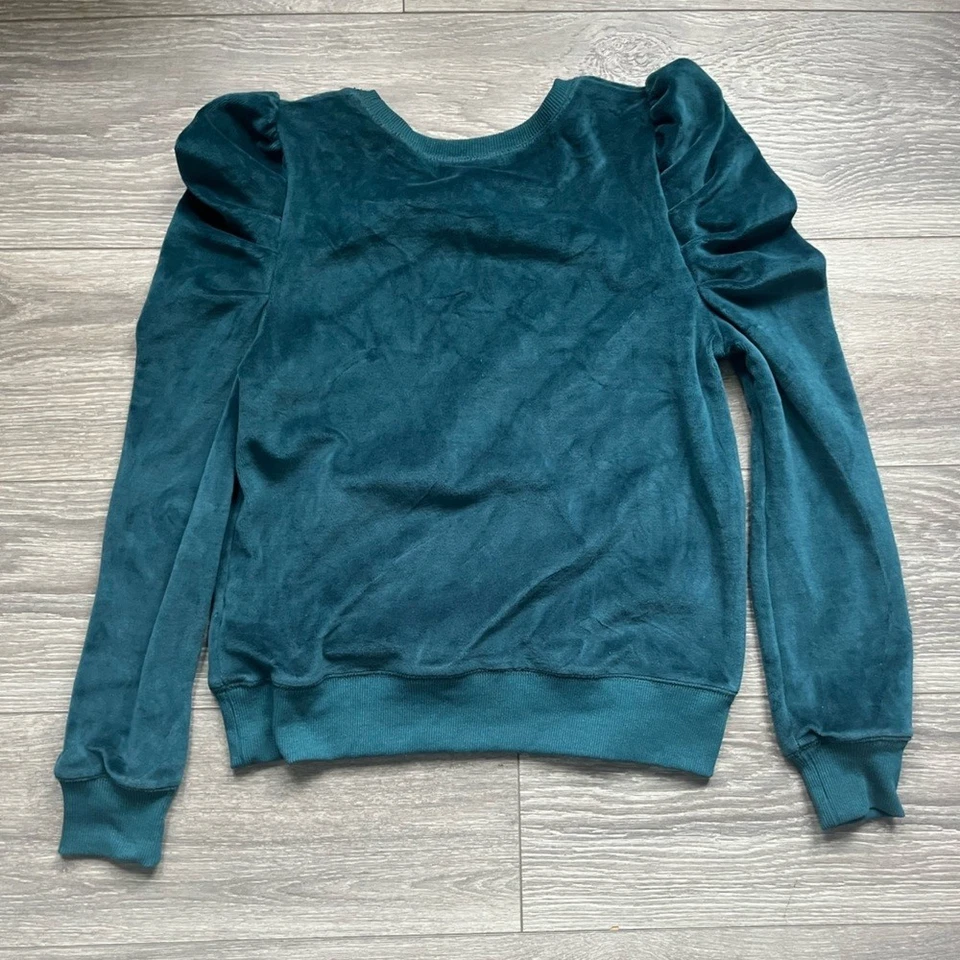Rebecca Minkoff Teal Blue Green Long Puff Sleeve Velvet Velour Sweater Size XS - Image 2 of 4