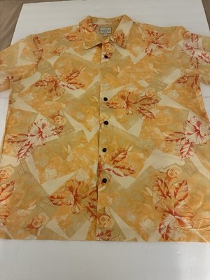 TRADER BAY Vtg  Button Shirt Men L Cotton Coral Print Tropical Resortwear Hawaii
