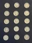 Partial Roll of 15 Mixed Dates Circulated Mercury Dimes 90% Silver - Lot 2.